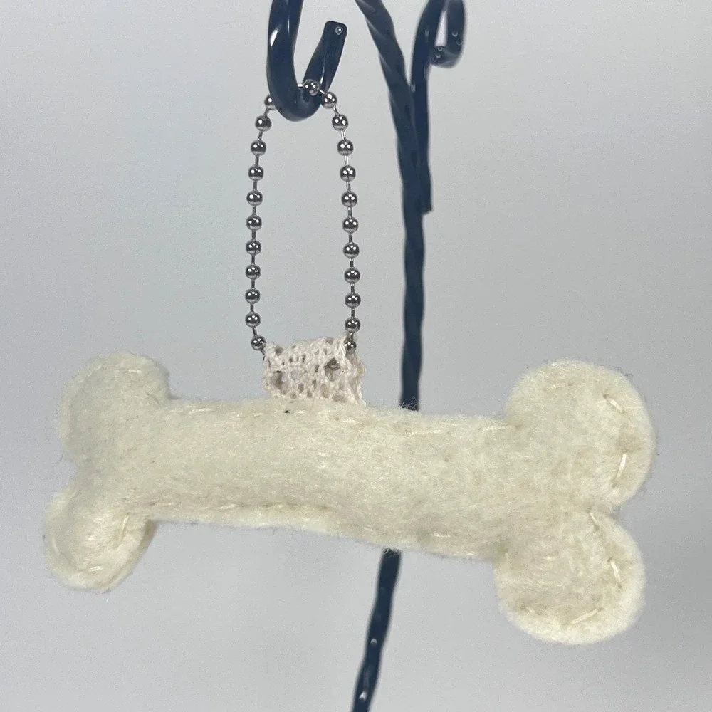 Handmade Felt Dog Bone Keychain Cream Stitched Bag Charm Fob with Wood Button